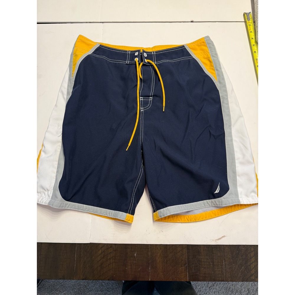 Nautica Mens Board Shorts Navy Yellow Colorblock Swim Trunks Size 36W